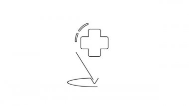 Siyah çizgi tıbbi harita işaretleyicisi beyaz arka planda izole edilmiş çapraz hastane ikonu. 4K Video hareketli grafik canlandırması.