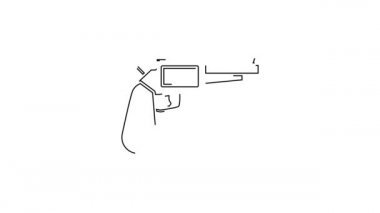 Siyah çizgi Revolver silah ikonu beyaz arkaplanda izole edildi. 4K Video hareketli grafik canlandırması.