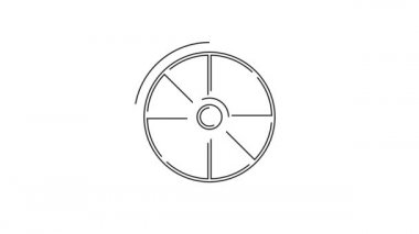 Siyah çizgi Beyaz zemin üzerinde izole edilmiş eski ahşap tekerlek simgesi. 4K Video hareketli grafik canlandırması.