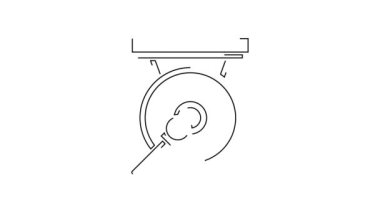 Siyah çizgi Gong müzik perküsyon enstrümanı dairesel metal disk ve çekiç ikonu beyaz arka planda izole edilmiş. 4K Video hareketli grafik canlandırması.