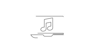 Beyaz zemin üzerinde müzik notası sembolü olan siyah çizgi dizüstü bilgisayar. 4K Video hareketli grafik canlandırması.