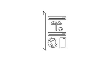 Siyah çizgi seyahat broşürü simgesi beyaz arka planda izole edildi. 4K Video hareketli grafik canlandırması.