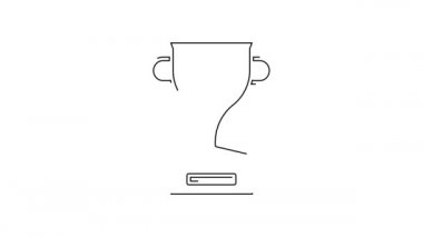 Siyah çizgi ödüllü kupa simgesi beyaz arkaplanda izole edilmiş. Galibiyet ödülü sembolü. Şampiyonluk ya da yarışma kupası. Spor başarısı işareti. 4K Video hareketli grafik canlandırması.