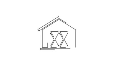 Siyah çizgi çiftlik evi simgesi beyaz arka planda izole edilmiş. 4K Video hareketli grafik canlandırması.