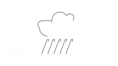 Beyaz zemin üzerinde yağmur ikonu olan siyah çizgi bulutu. Yağmur damlaları ile yağmur bulutu yağışı. 4K Video hareketli grafik canlandırması.