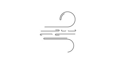 Siyah çizgi rüzgar simgesi beyaz arkaplanda izole edildi. Rüzgarlı bir hava. 4K Video hareketli grafik canlandırması.