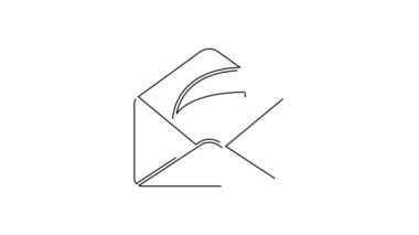 Siyah çizgi giden posta simgesi beyaz arkaplanda izole edildi. Zarf sembolü. Giden mesaj işareti. Posta yön bulma düğmesi. 4K Video hareketli grafik canlandırması.