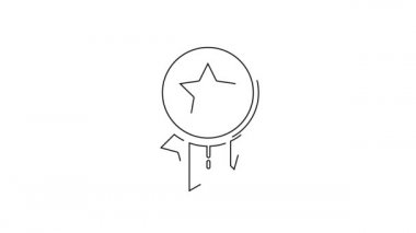 Beyaz zemin üzerinde yıldız simgesi olan siyah çizgi madalyası. Kazanan başarı işareti. Ödül madalyası. 4K Video hareketli grafik canlandırması.