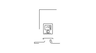 Beyaz arka planda izole edilmiş yanan bir ateş ikonu olan siyah çizgili gaz kazanı. 4K Video hareketli grafik canlandırması.