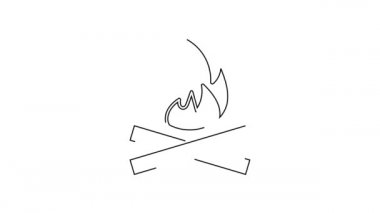 Siyah çizgi kamp ateşi ikonu beyaz arka planda izole edildi. Odunla yanan şenlik ateşi. 4K Video hareketli grafik canlandırması.