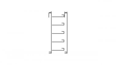 Beyaz arka planda siyah çizgi yangın merdiveni ikonu izole edildi. Pompier merdiveni. İtfaiyeciler merdiveni sırıkla tırmanır. 4K Video hareketli grafik canlandırması.