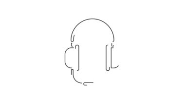 Beyaz arka planda izole edilmiş siyah çizgi kulaklıklı mikrofon ikonu. 4K Video hareketli grafik canlandırması.