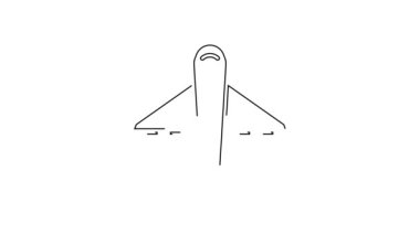 Siyah çizgi düzlem simgesi beyaz arkaplanda izole edildi. Uçan uçak ikonu. Uçak tabelası. 4K Video hareketli grafik canlandırması.