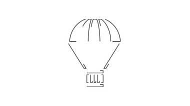 Siyah çizgi kutusu beyaz arka planda izole edilmiş paraşüt ikonu üzerinde uçuyor. Nakliye için paraşütlü paket. Teslimat servisi, hava taşımacılığı. 4K Video hareketli grafik canlandırması.