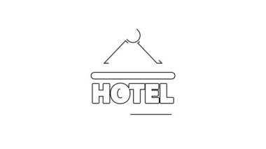 Beyaz arka planda izole edilmiş bir metin otel simgesi olan siyah çizgi açık hava reklamı. 4K Video hareketli grafik canlandırması.