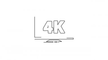 Beyaz zemin üzerinde 4k Ultra HD video teknolojisi ikonu bulunan siyah çizgi ekran televizyon. 4K Video hareketli grafik canlandırması.