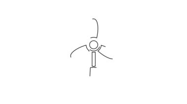 Siyah çizgi rüzgar türbini simgesi beyaz arkaplanda izole edildi. Rüzgar jeneratörü işareti. Elektrik üretimi için yel değirmeni. 4K Video hareketli grafik canlandırması.