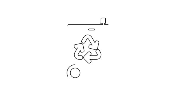 黒のライン白の背景に隔離されたリサイクルシンボルアイコンを持つごみ箱 ゴミはアイコンになる ゴミのゴミ箱の看板 リサイクルバスケットのサイン 4Kビデオモーショングラフィックアニメーション — ストック動画