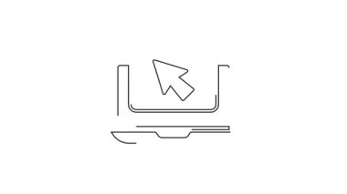 Siyah çizgi dizüstü bilgisayar ve imleç simgesi beyaz arkaplanda izole edildi. Boş ekran işaretli bilgisayar defteri. 4K Video hareketli grafik canlandırması.