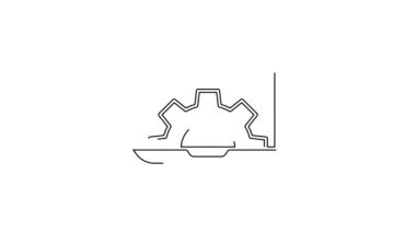 Siyah çizgi dizüstü bilgisayar ve vites simgesi beyaz arkaplanda izole edildi. Uygulama ayarlanıyor, seçenekler ayarlanıyor, bakım, onarım, onarım. 4K Video hareketli grafik canlandırması.