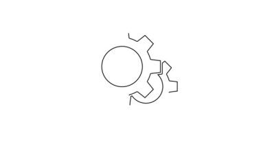 Siyah çizgi dişli simgesi beyaz arkaplanda izole edildi. Çarklı teçhizat ayarları. İşçi sembolü. 4K Video hareketli grafik canlandırması.