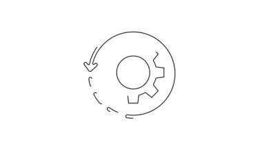 İş akışı konsepti simgesi olarak siyah çizgi dişlisi ve oklar beyaz arkaplanda izole edildi. Vites doldurma tabelası. 4K Video hareketli grafik canlandırması.