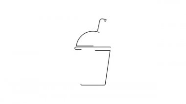 Beyaz arkaplanda siyah çizgi milkshake simgesi izole edildi. Kapaklı ve samanlı plastik bardak. 4K Video hareketli grafik canlandırması.