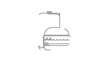 Siyah hat online sipariş ve fast food dağıtım ikonu beyaz arka planda izole edildi. Burger tabelası. 4K Video hareketli grafik canlandırması.