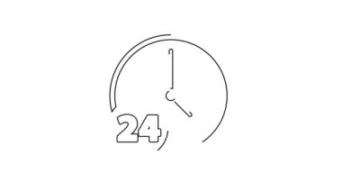 Siyah Saat 24 saat simgesi beyaz arkaplanda izole edildi. Tüm gün döngü simgesi. 24 saat hizmet sembolü. 4K Video hareketli grafik canlandırması.