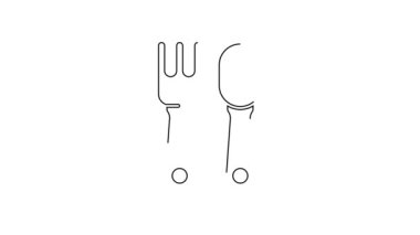 Siyah çizgi çatal ve kaşık simgesi beyaz arkaplanda izole edilmiş. Mutfak aletleri. Çatal bıçak seti. 4K Video hareketli grafik canlandırması.