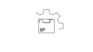 Beyaz zemin üzerinde paket kutusu simgesi olan siyah çizgi dişlisi. Kutu, paket, paket işareti. Teslimat ve ambalaj. 4K Video hareketli grafik canlandırması.