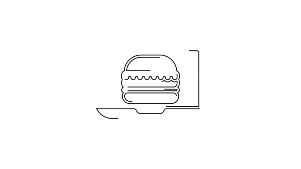 ブラックラインオンライン注文とハンバーガー配達アイコンは白い背景に隔離されています 4Kビデオモーショングラフィックアニメーション — ストック動画