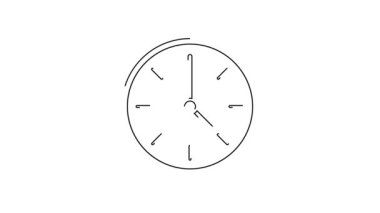 Siyah çizgi saat simgesi beyaz arkaplanda izole edildi. Zaman sembolü. 4K Video hareketli grafik canlandırması.
