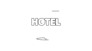 Siyah çizgi konum otel simgesi beyaz arkaplanda izole edildi. Otel, pansiyon, seyahat, konut kirası, gayrimenkul sembolü. 4K Video hareketli grafik canlandırması.