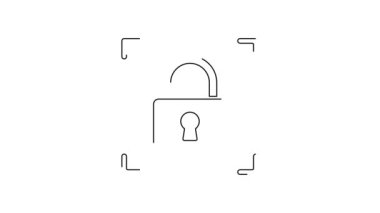 Beyaz arkaplanda kilit simgesi izole edilmiş siyah çizgi parmak izi. Kimlik uygulaması simgesi. Kimlik işareti. Kimliğe dokun. 4K Video hareketli grafik canlandırması.