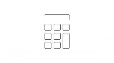 Siyah çizgi hesap makinesi simgesi beyaz arkaplanda izole edildi. Muhasebe sembolü. İş hesaplamaları matematik eğitimi ve finans. 4K Video hareketli grafik canlandırması.