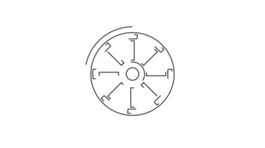 Siyah çizgi Beyaz zemin üzerinde izole edilmiş eski ahşap tekerlek simgesi. 4K Video hareketli grafik canlandırması.