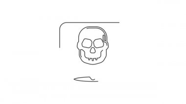 Siyah çizgi Kafatası simgesi beyaz arkaplanda izole edildi. Mutlu Cadılar Bayramı Partisi. 4K Video hareketli grafik canlandırması.