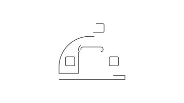 Siyah çizgi askeri kışla ikonu beyaz arka planda izole edildi. Hava saldırıları mimari ordusu. 4K Video hareketli grafik canlandırması.