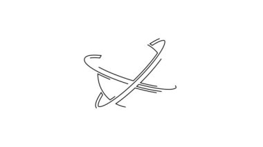 Dünya 'nın yörüngesindeki siyah çizgi yapay uyduları beyaz arka planda izole edilmiş uzay ikonunda. İletişim, navigasyon konsepti. 4K Video hareketli grafik canlandırması.