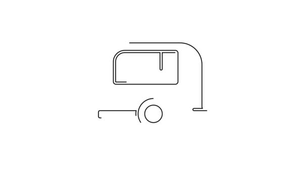 ブラックラインRvキャンプトレーラーアイコンは 白い背景に隔離されています 旅行モバイルホーム キャラバン 旅行のためのホームキャンパー 4Kビデオモーショングラフィックアニメーション — ストック動画