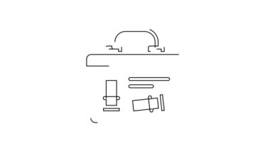 Beyaz arka planda izole edilmiş siyah çizgi askeri mühimmat kutusu ve mermi ikonu var. 4K Video hareketli grafik canlandırması.