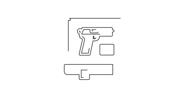 白の背景に隔離されたピストルまたは銃のアイコンを持つブラックラインブック 警察や軍の拳銃 小火器だ 武器カタログ 4Kビデオモーショングラフィックアニメーション — ストック動画