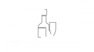 Siyah çizgili şampanya şişesi ve beyaz arka planda izole edilmiş bir bardak şampanya ikonu. Mutlu Noeller ve mutlu yıllar. 4K Video hareketli grafik canlandırması.