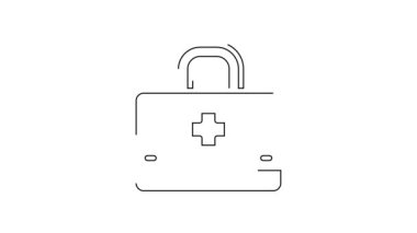 Siyah çizgi ilk yardım çantası simgesi beyaz arkaplanda izole edildi. Haçlı sağlık kutusu. Acil durumlar için tıbbi ekipman. Sağlık sigortası konsepti. 4K Video hareketli grafik canlandırması.