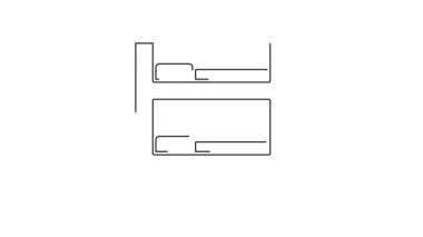 Siyah çizgi otel odası yatak ikonu beyaz arka planda izole edilmiş. 4K Video hareketli grafik canlandırması.