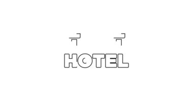Beyaz arka planda izole edilmiş bir metin otel simgesi olan siyah çizgi açık hava reklamı. 4K Video hareketli grafik canlandırması.