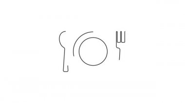 Siyah çizgi plaka, çatal ve bıçak ikonu beyaz arka planda izole edilmiş. Çatal bıçak sembolü. Restoran tabelası. 4K Video hareketli grafik canlandırması.