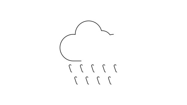 白い背景に雨のアイコンが隔離されたブラックラインクラウド 雨滴と雨の雲の降水量 4Kビデオモーショングラフィックアニメーション — ストック動画