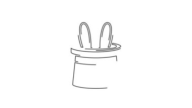 Siyah çizgi sihirbaz şapkası ve tavşan kulağı simgesi beyaz arka planda izole edilmiş. Sihir numarası. Gizemli eğlence konsepti. 4K Video hareketli grafik canlandırması.